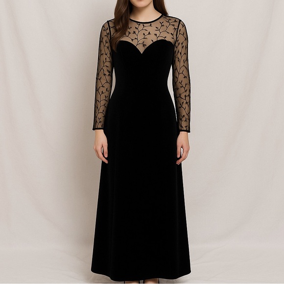 Vintage Amanda Smith Black Velvet Illusion Sheer Mesh Maxi Dress Size 10 - Picture 1 of 9